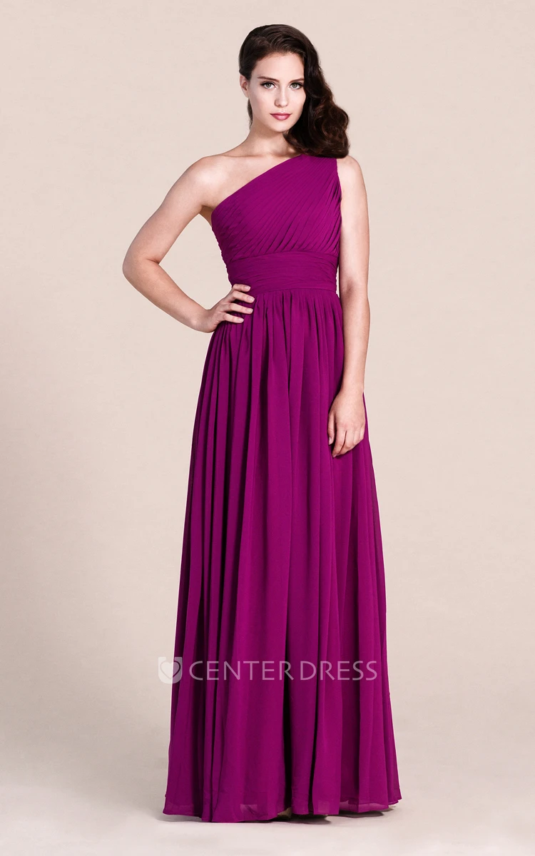 Simple Empire One-shoulder Long Chiffon Bridesmaid Dress with Pleats