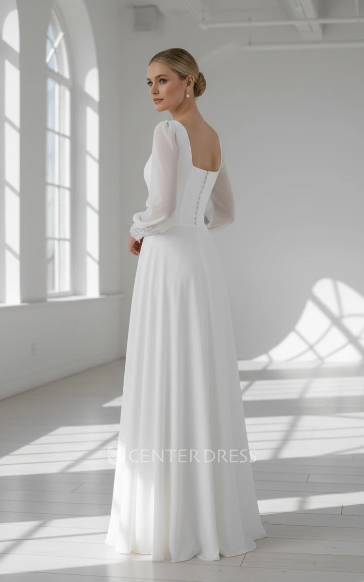 Casual Romantic Elegant A-Line Long Sleeve Satin Spring Wedding Dress with Floor Length and Button Zipper Back
