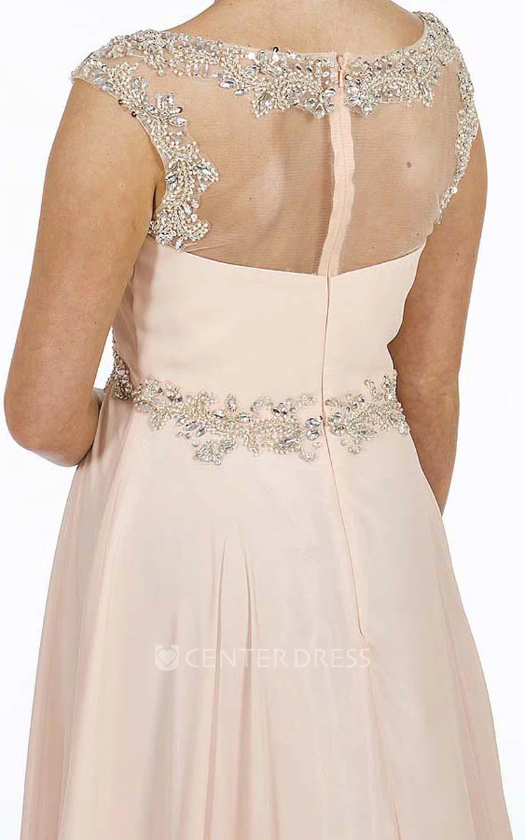 A-Line Empire Scoop Floor-Length Cap-Sleeve Beaded Chiffon Prom Dress With Waist Jewellery And Ruching