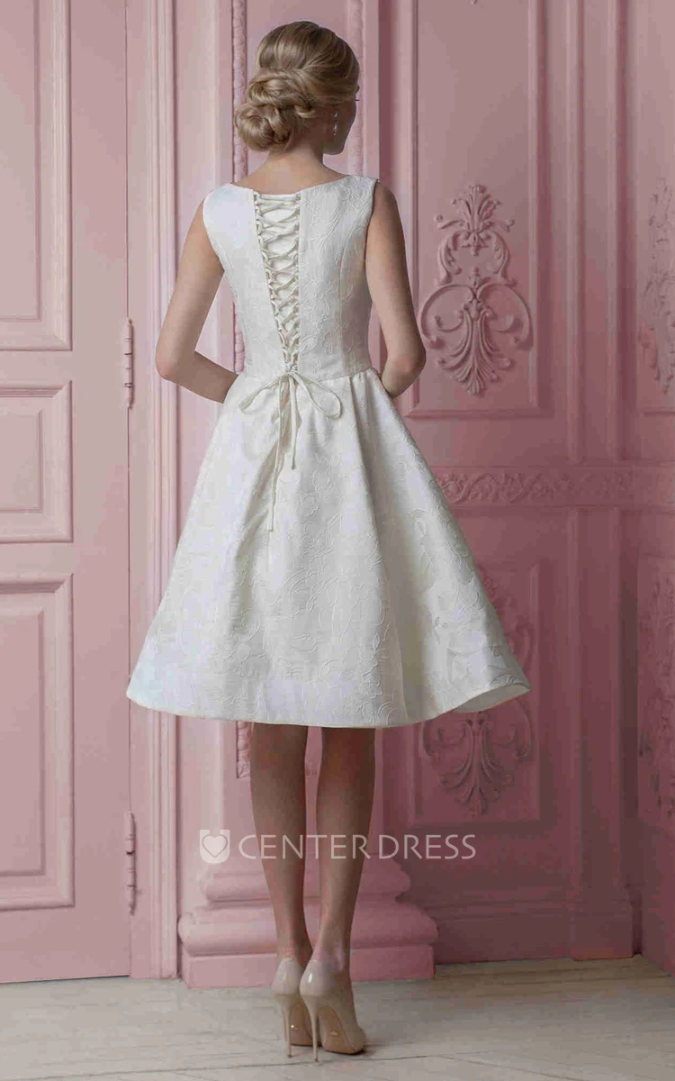 Midi Sweetheart Floral Satin Wedding Dress With Ribbon And Lace Up