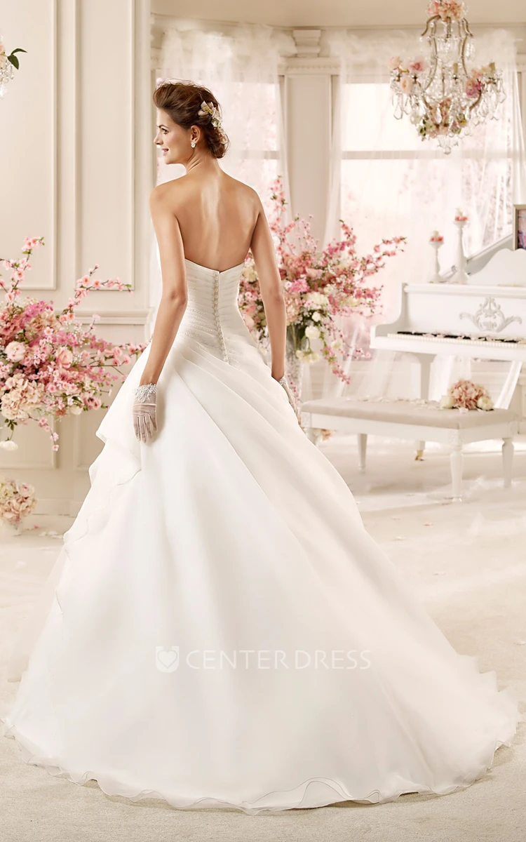 Strapless A-line Wedding Dress with Side Draping and Brush Train