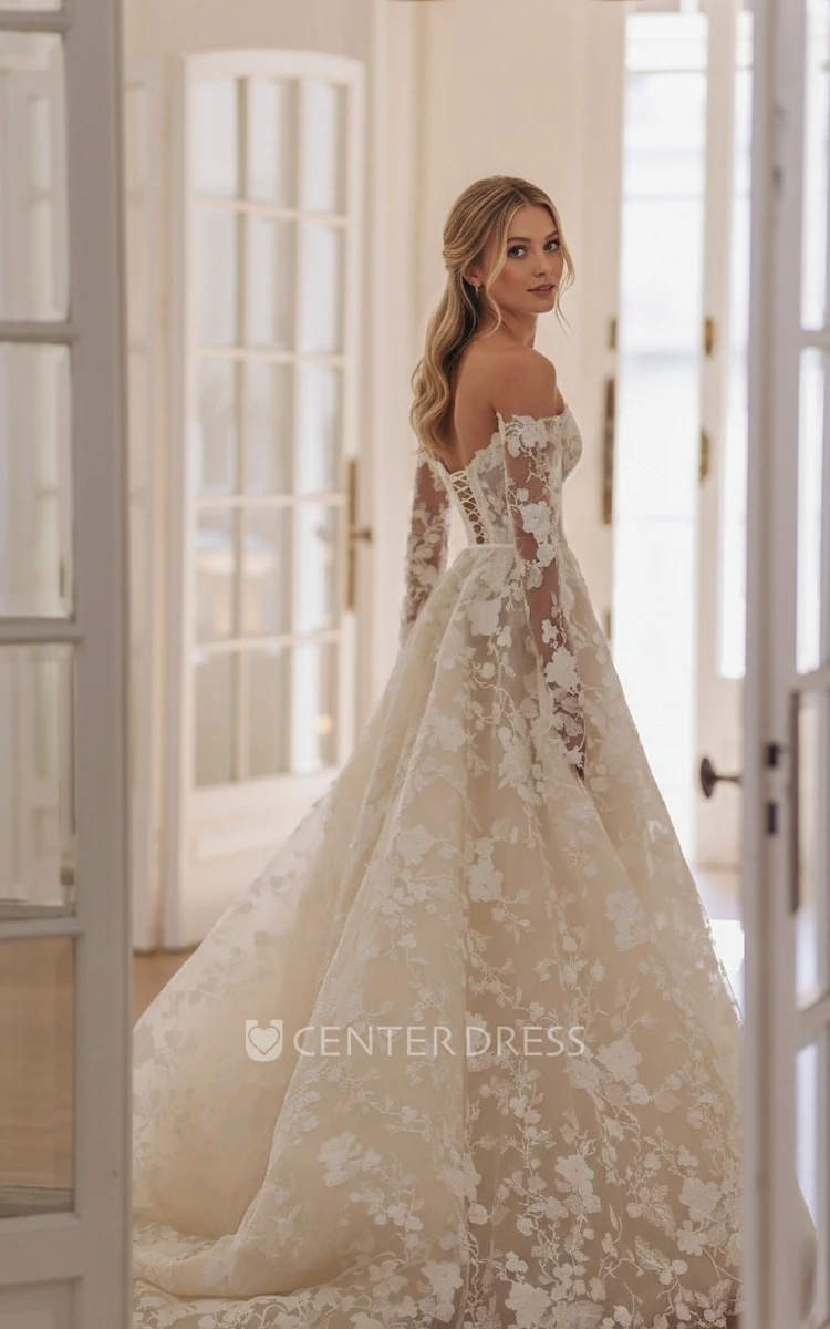 Classic Floral A-Line Lace Ballgown Princess Spring Wedding Dress Ethereal Sexy Sweetheart Neckline Off-the-Shoulder Long Sleeve Bridal Gown