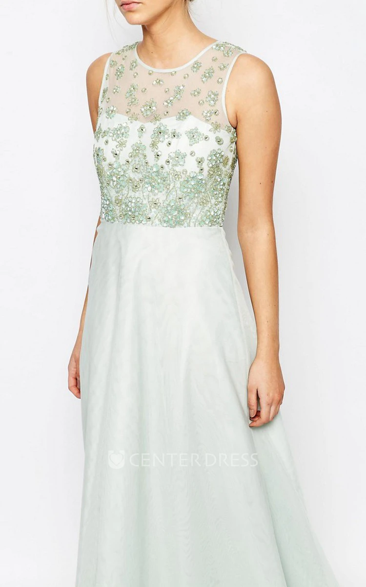 A-Line Sleeveless Scoop Neck Beaded Tulle Bridesmaid Dress With Illusion Back