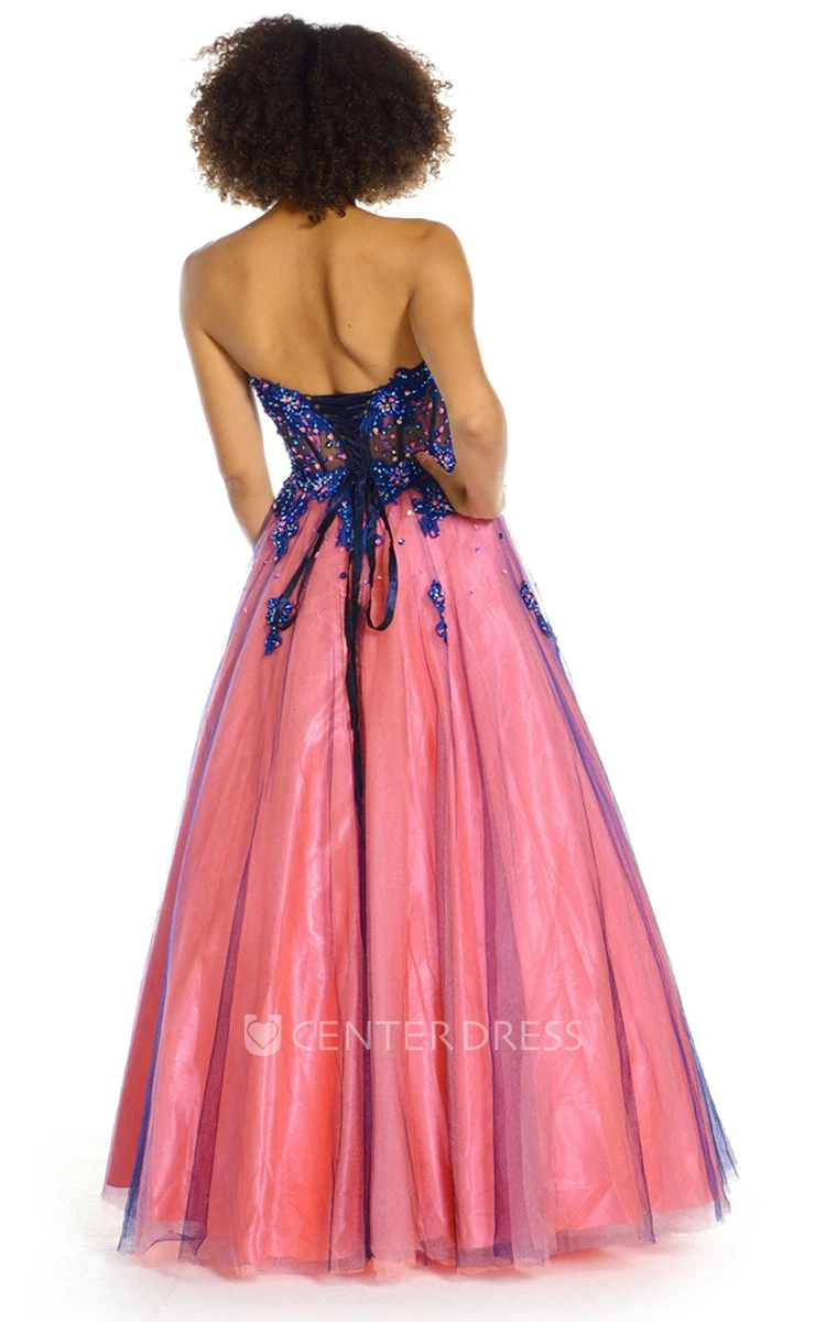 A-Line Sweetheart Sleeveless Crystal Floor-Length Satin Prom Dress With Corset Back