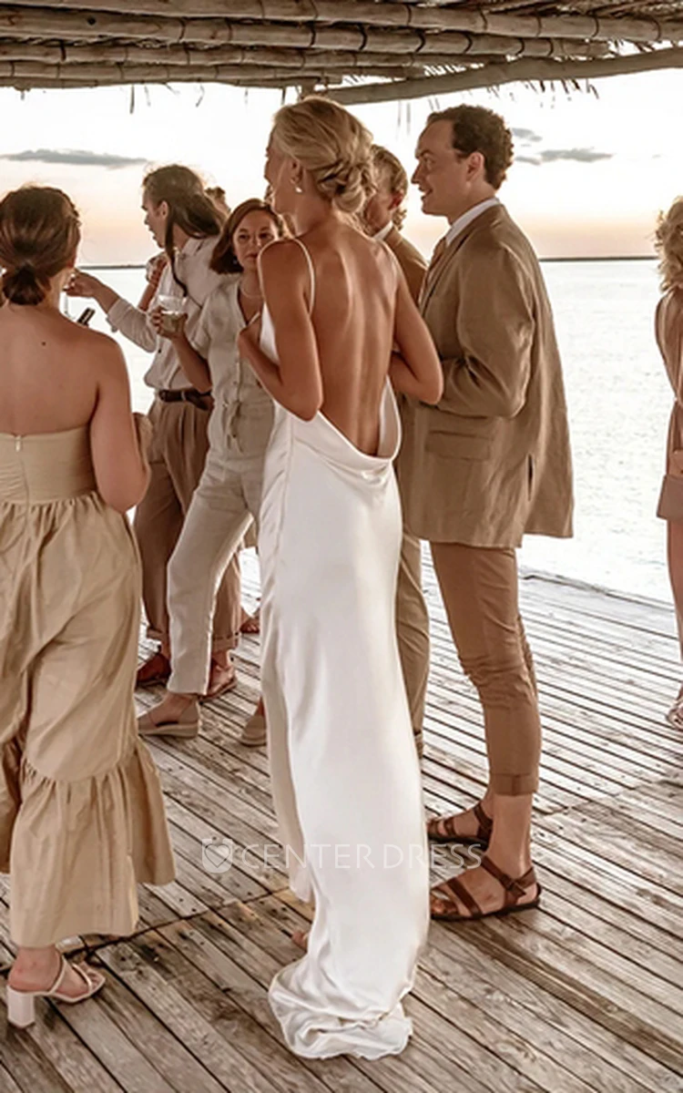 Sexy V-neck Sheath Spaghetti Straps Sleeveless Simple Casual Satin Solid Color Beach Floor-length Backless Wedding Bridal Dress