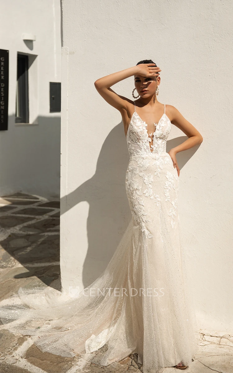 Mermaid Plunging Neckline Ethereal Lace Fairy Wedding Dress with