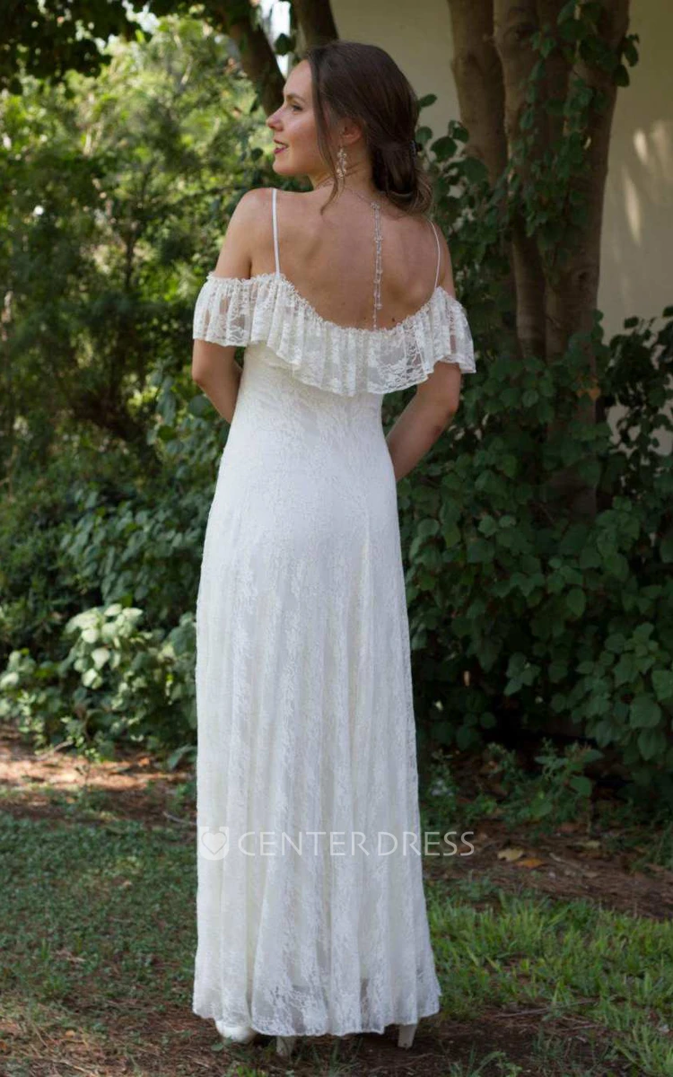 Boho Lace Spaghetti Strap Off-the-Shoulder Pleated Floor-Length Sheath Wedding Dress
