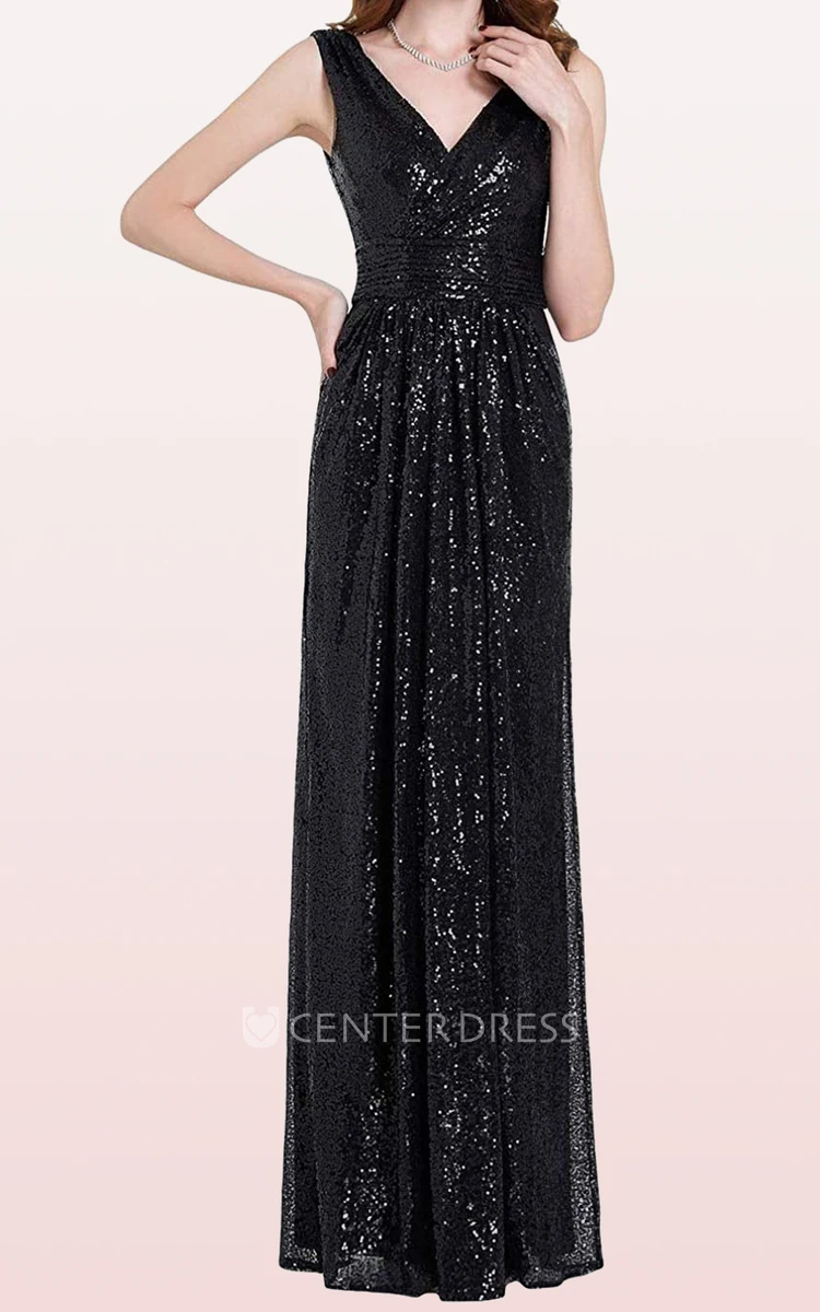 Sequins Floor-length V-neck A Line Sleeveless Bridesmaid Dress With Ruching