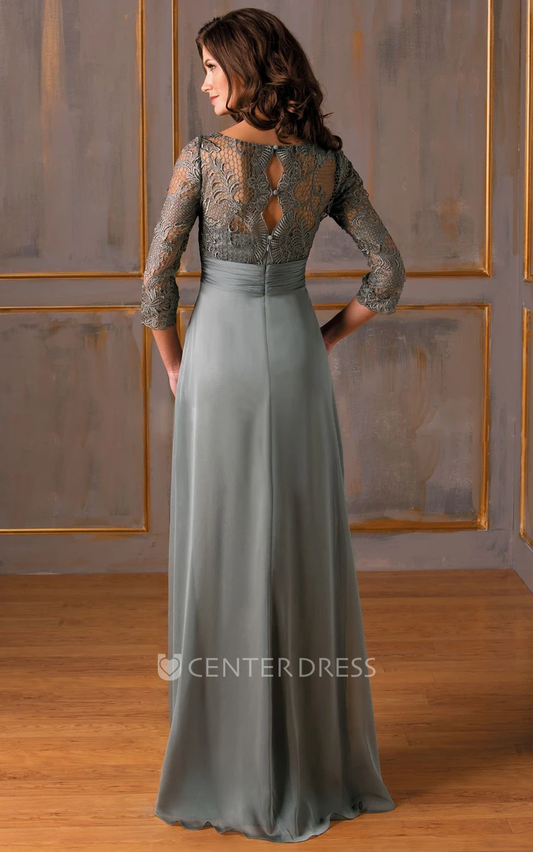 3-4 Sleeved Gown With Lace Bodice And Keyholes Back