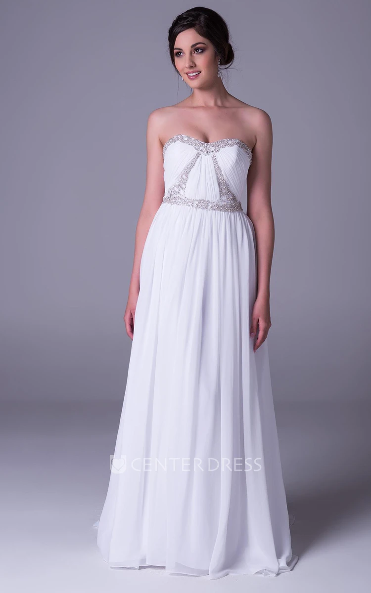 Sheath Ruched Sleeveless Floor-Length Strapless Chiffon Wedding Dress With Beading