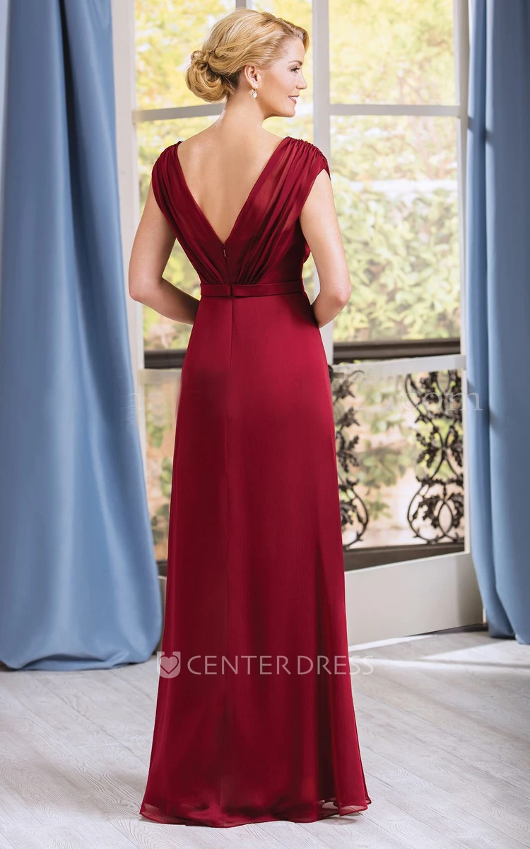 Cap-Sleeved V-Neck A-Line Gown With Pleats And V-Back