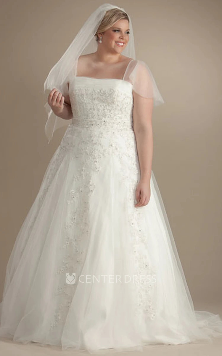 Ball Gown Maxi Spaghetti Poet-Sleeve Appliqued Tulle Plus Size Wedding Dress With Beading