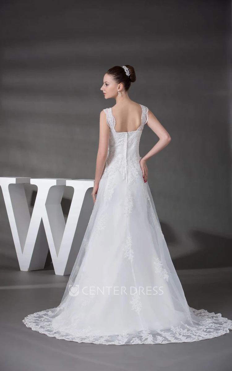 Straps Plunged Ruched A-Line Lace Wedding Dress With Appliques
