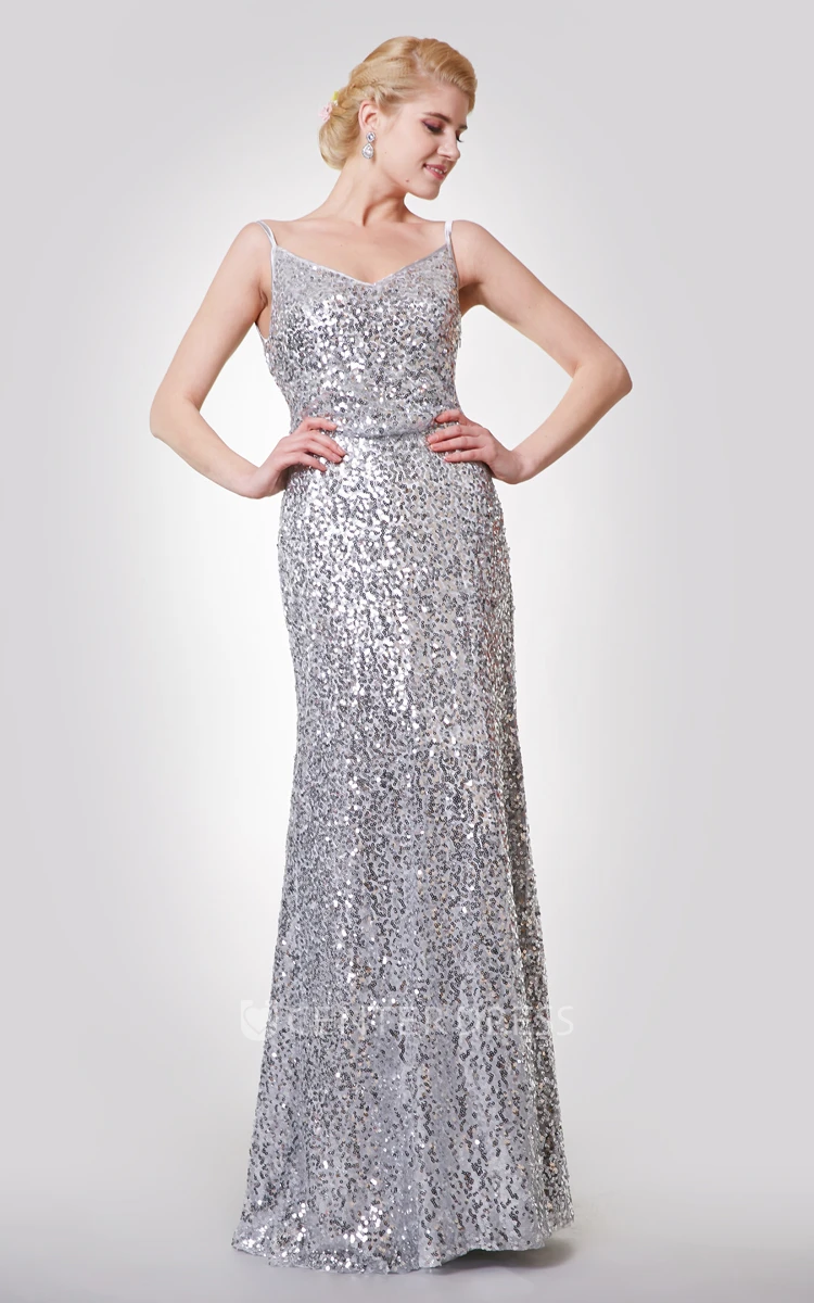 Sexy Spaghetti Straps Sheath Sequined Prom Gown