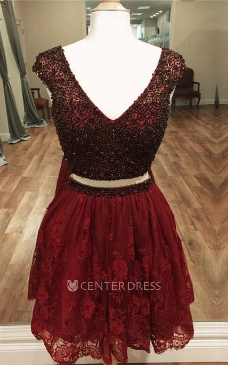 Adorable Two Piece Lace V-neck Short Sleeve with Beading and Pleats Homecoming Dress