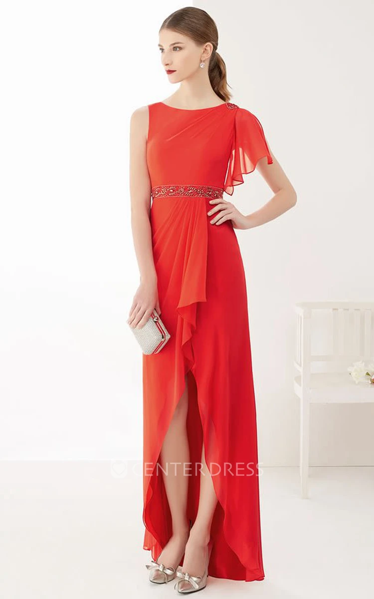 Side Drape Removable Sleeve High Low Chiffon Prom Dress With Front Split