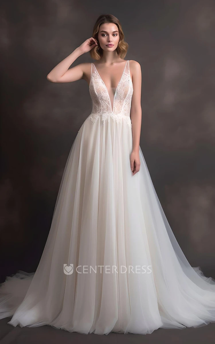 Romantic Tulle Wedding Dress A-Line Sleeveless Plunging Neckline