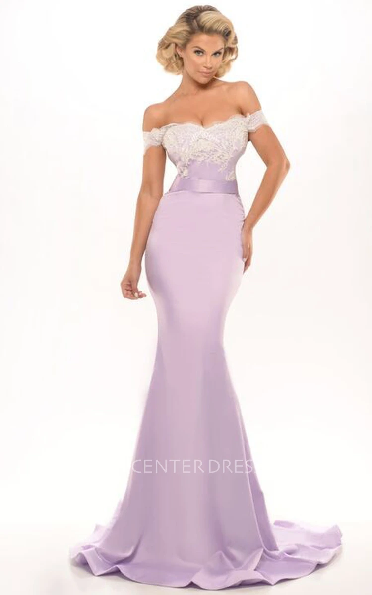 Mermaid Off-The-Shoulder Appliqued Jersey Prom Dress With Brush Train