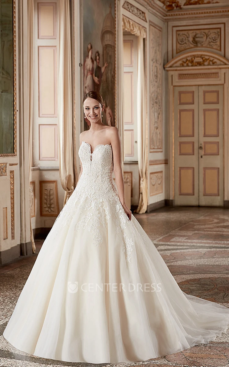Ball Gown Sweetheart Long Tulle&Lace Wedding Dress With Appliques And V Back