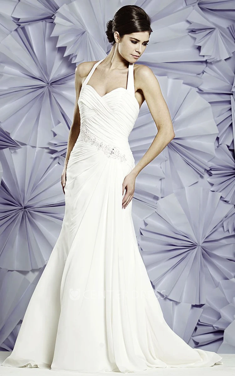 Sheath Haltered Criss-Cross Floor-Length Sleeveless Chiffon Wedding Dress With Beading
