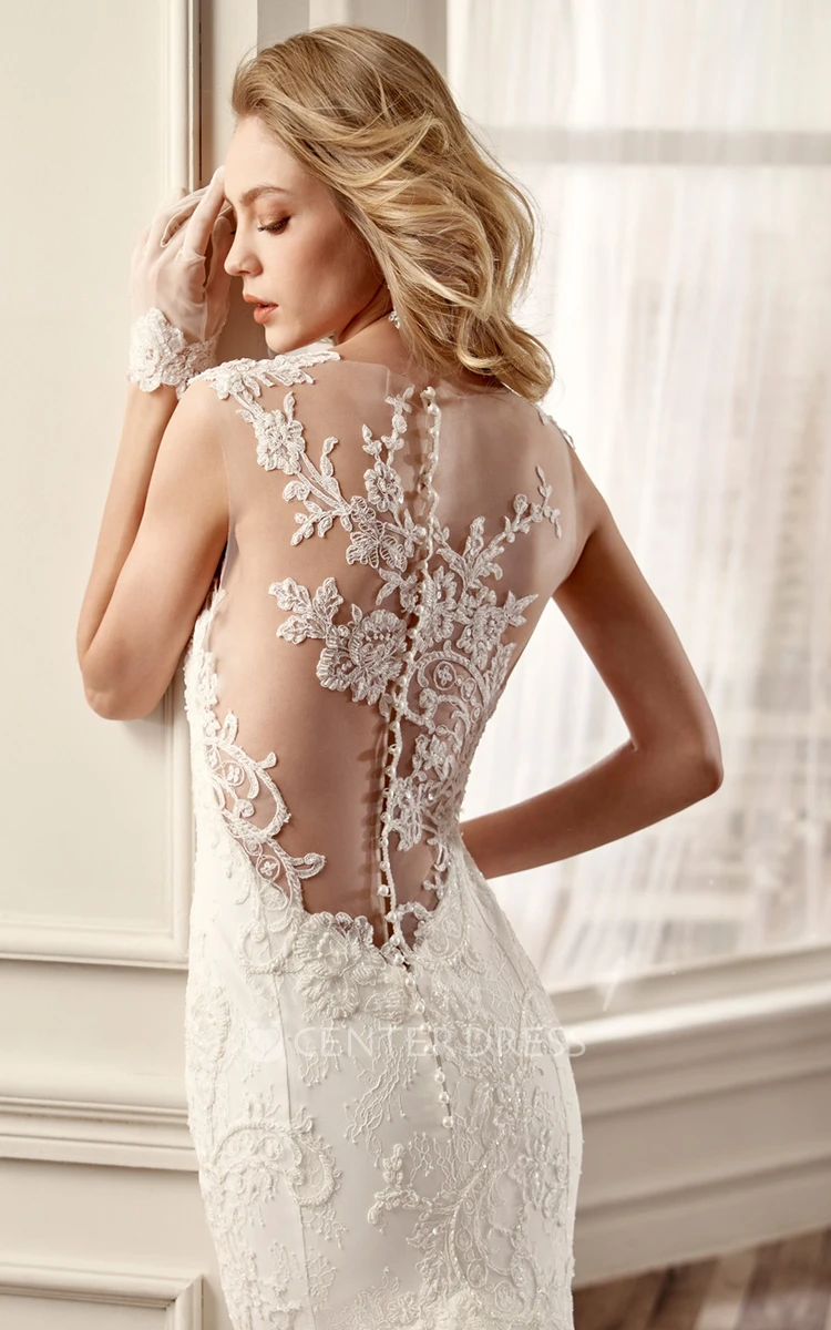 Jewel-Neck Sheath Mermaid Wedding Dress With Appliques And Illusive Back