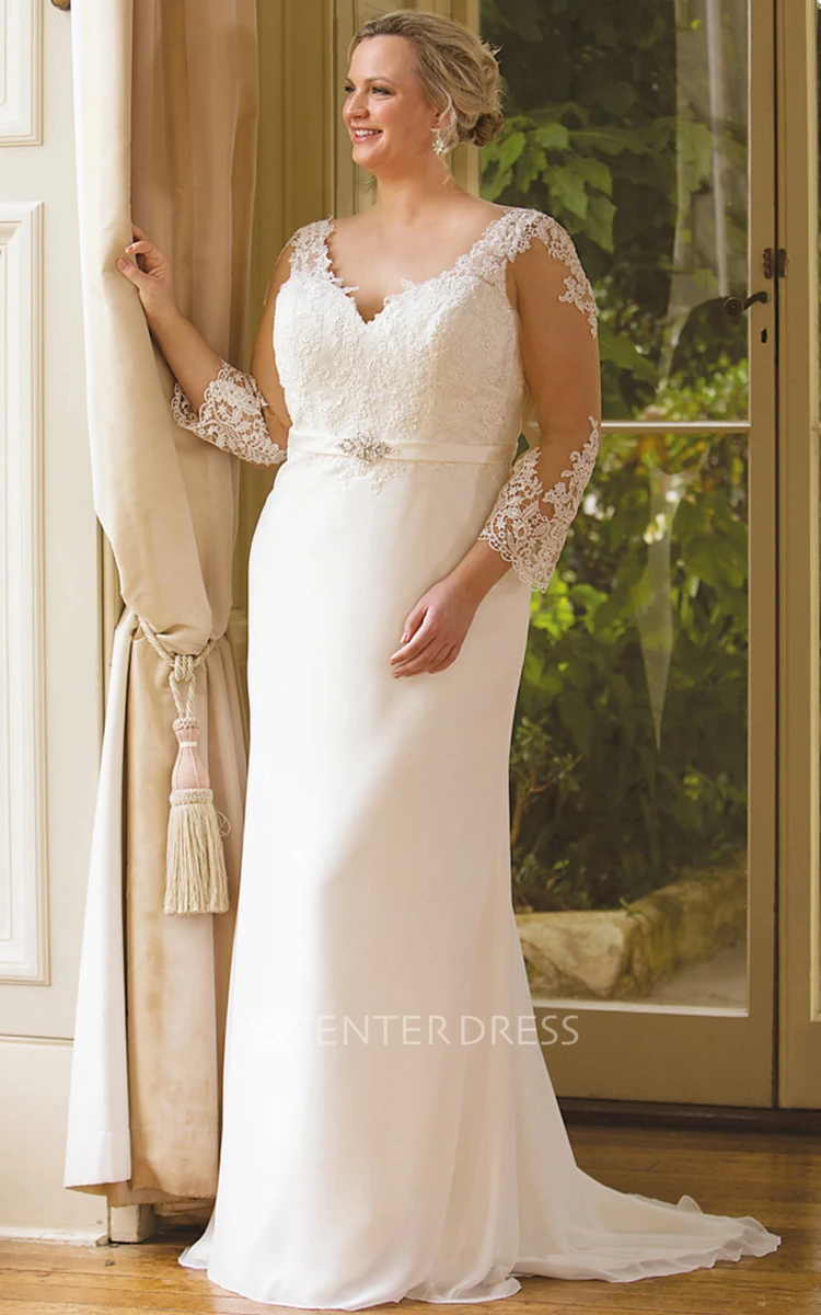 Sheath Long-Sleeve V-Neck Jeweled Chiffon Plus Size Wedding Dress