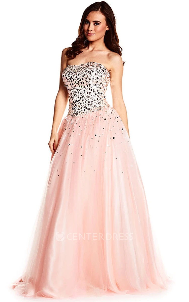 A-Line Sweetheart Long Sleeveless Sequined Tulle Prom Dress