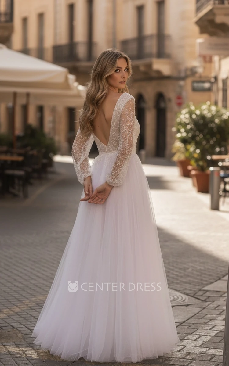 Modern Casual Boho Lace Sequins A-Line Long Sleeve Spring Wedding Dress with Beading Ethereal Flowy Tulle Maxi Low Back Bridal Gown