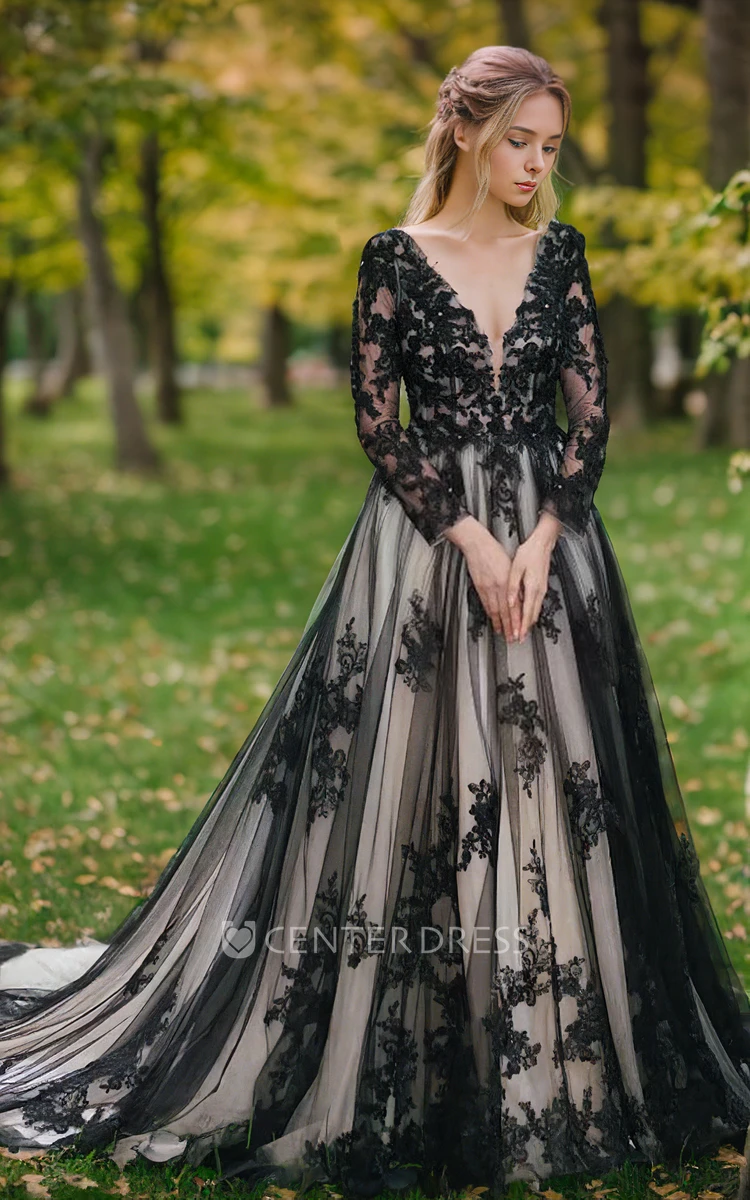 Black Tulle Elegant Long Sleeve Deep-V Neck Open Back A-line Garden Wedding Gown Court Train with Lace Applique