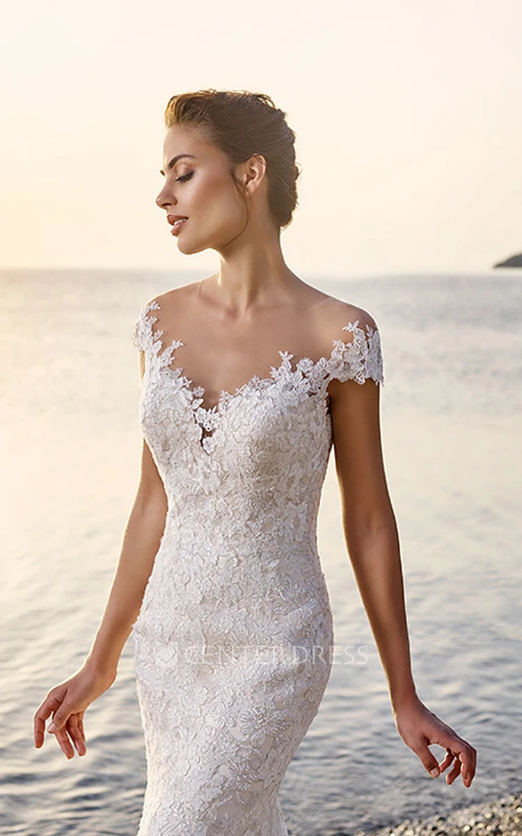 Trumpet Floor-Length V-Neck Cap-Sleeve Lace&Tulle Wedding Dress With Appliques