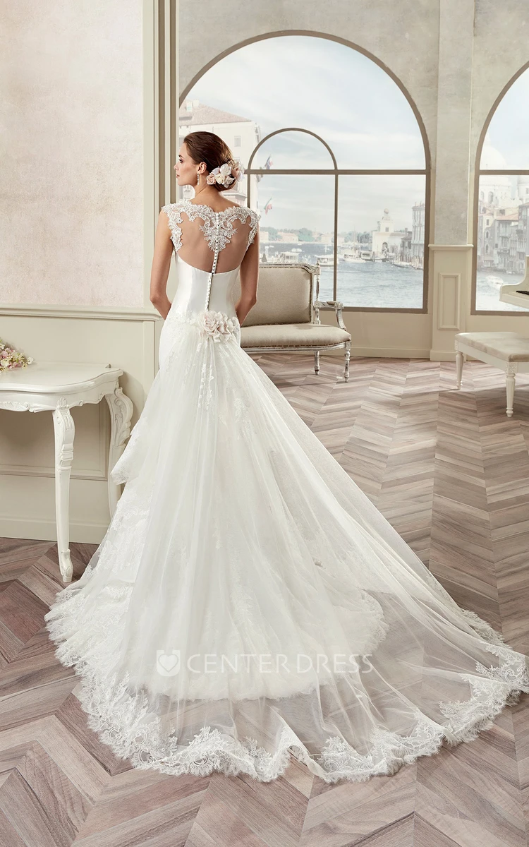 Cap Sleeve Sheath Mermaid Bridal Gown With Illusive Design And Detachable Train