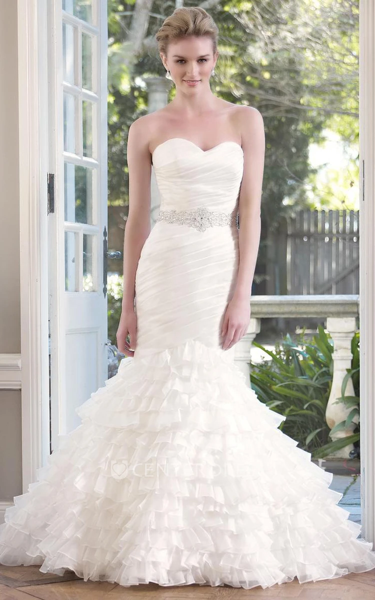 Mermaid Sweetheart Jeweled Organza Wedding Dress With Tiers And Ruching