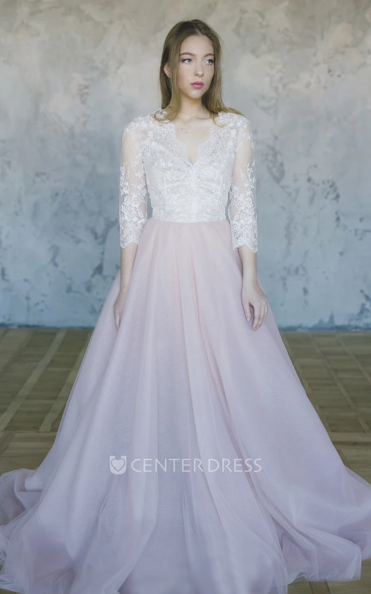 Lace Tulle 3/4 Sleeve Wedding Dress With V-neck