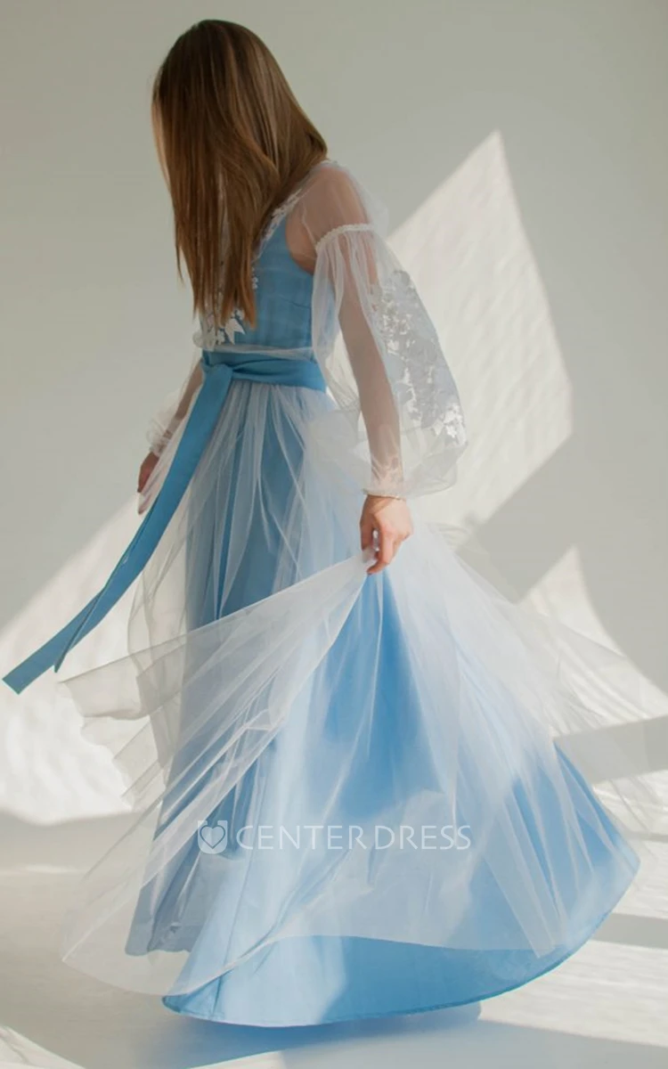 A Line Elegant Square Neck Tulle Prom Dress with Sash