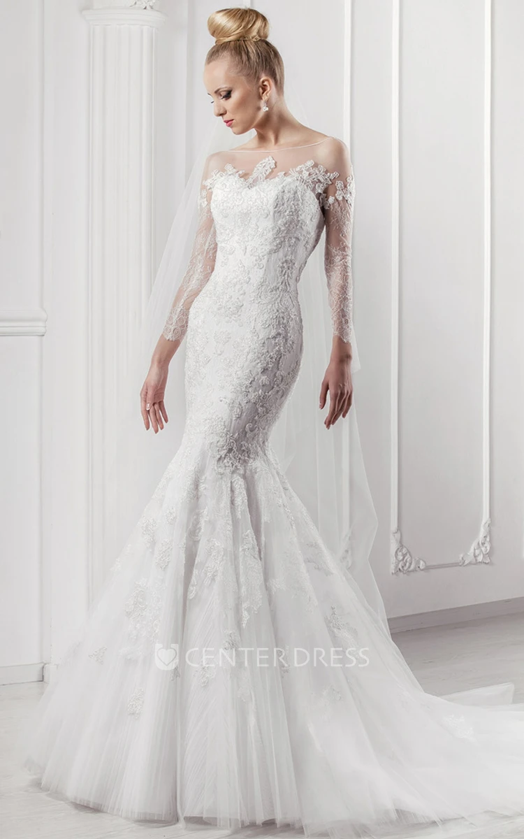 Mermaid Appliqued Bateau Neck Long Sleeve Lace Wedding Dress