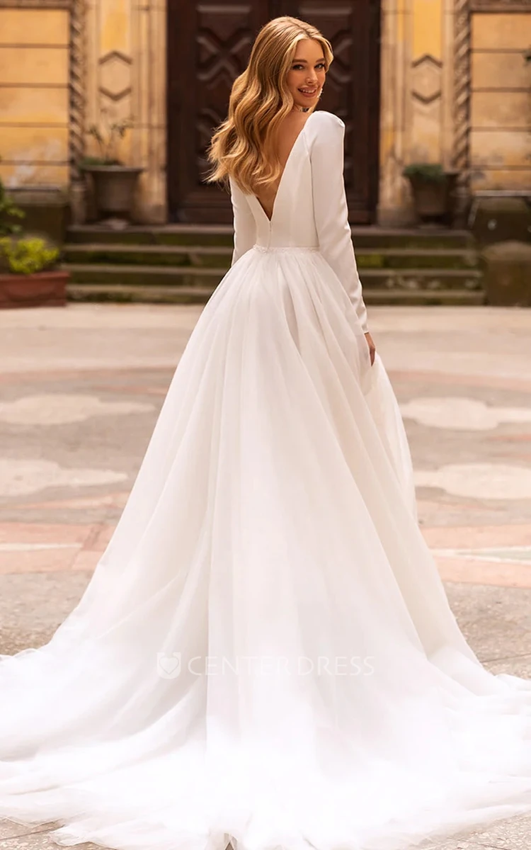 Simple V-neck Ball Gown Satin Chapel Train Wedding Dress with Ruching