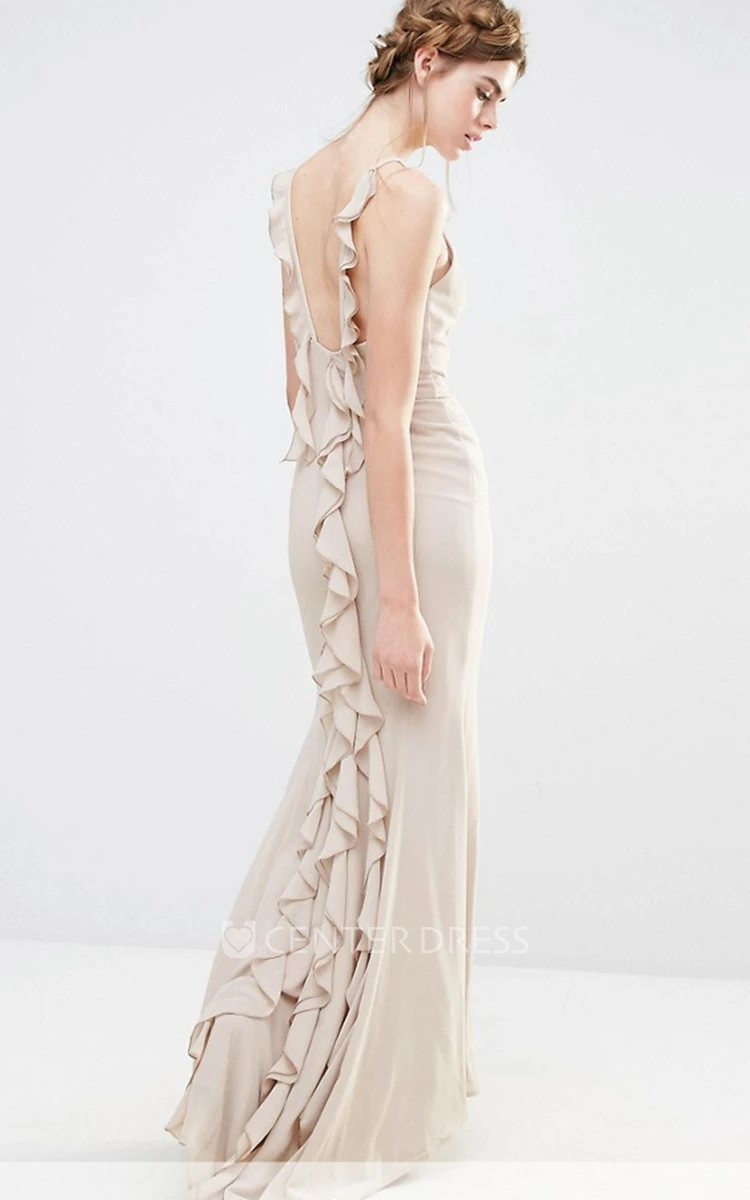 Ankle-Length Sheath Jewel Neck Sleeveless Cascading-Ruffled Chiffon Bridesmaid Dress