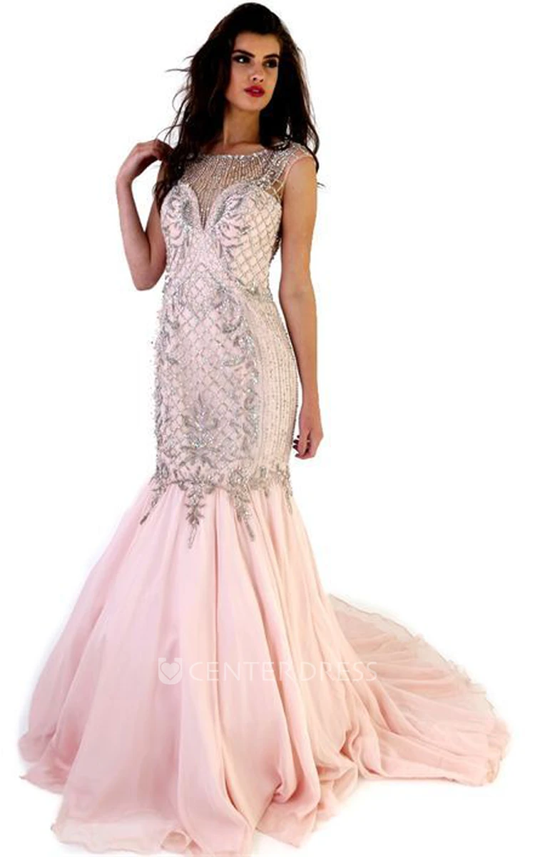 Mermaid Maxi Beaded Cap-Sleeve Jewel-Neck Chiffon Prom Dress