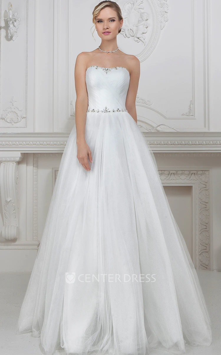A-Line Strapless Beaded Sleeveless Maxi Tulle Wedding Dress With Ruching