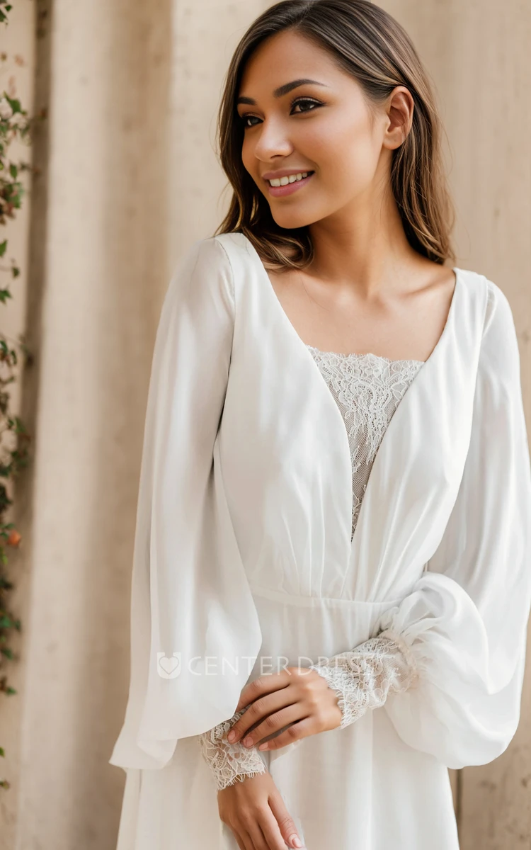 Fall Simple A-Line Long Sleeve Boho Wedding Dress Casual Modern Plunging Neckline Backless Court Train Bridal Gown