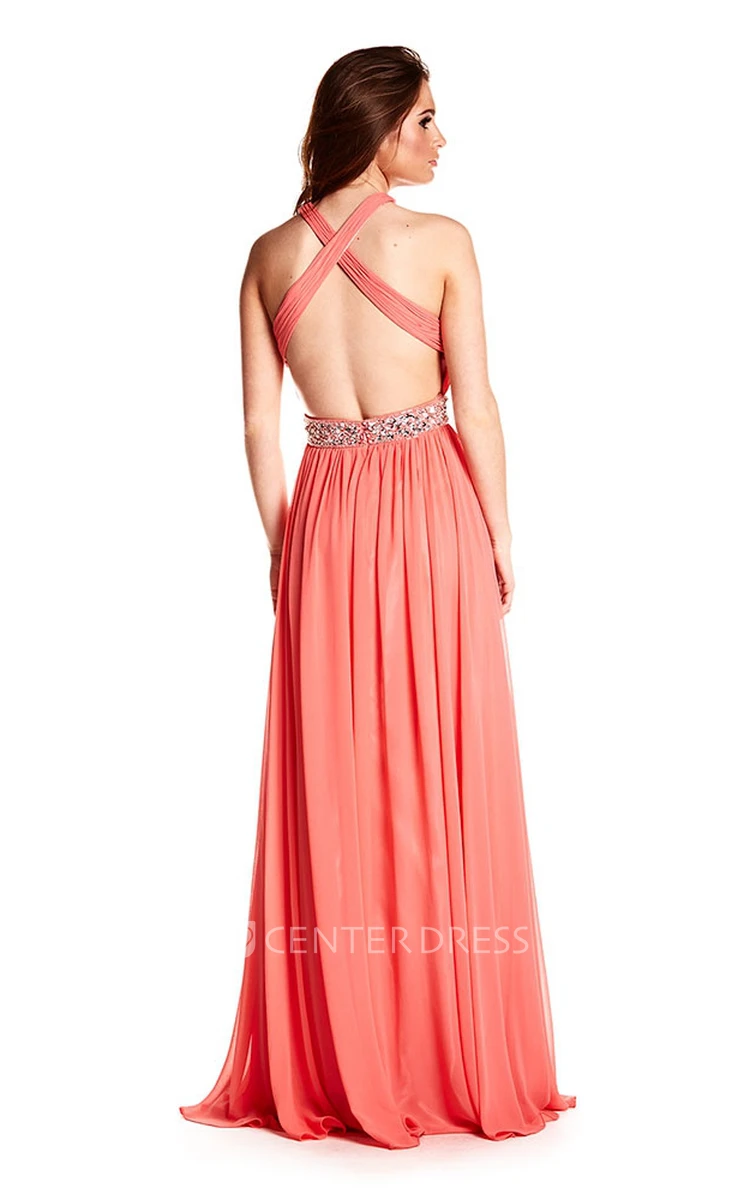 Halter Sleeveless Ruched Chiffon Prom Dress With Beading And Straps