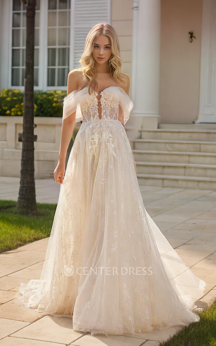 Romantic Lace Tulle Flowers Off-the-shoulder A-Line Plunging Neckline Wedding Gown Sexy Ethereal Sleeveless Floor-length Open Back Bridal Dress