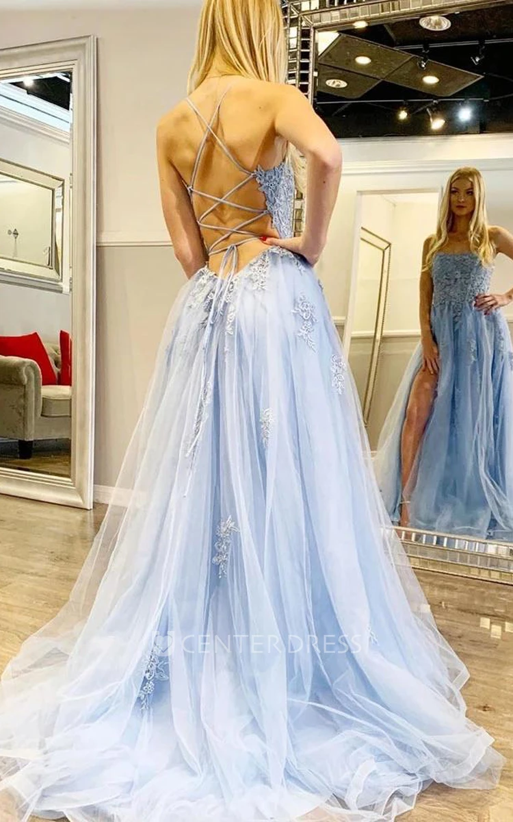 A Line Sleeveless Tulle Adorable Backless Tied Back Prom Dress with Flowers