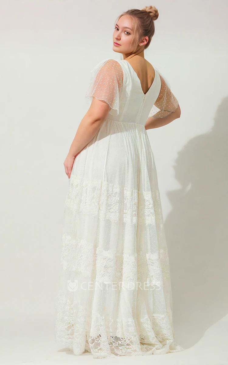 Boho Beach Lace V-neck A-Line Short Sleeve Pure Wedding Dress Romantic