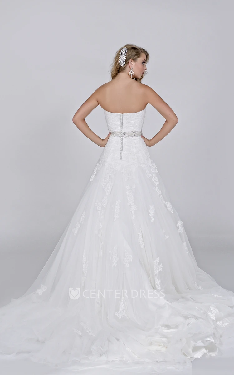 Strapless A-Line Lace Wedding Dress With Jeweled Waist And Back Buttons