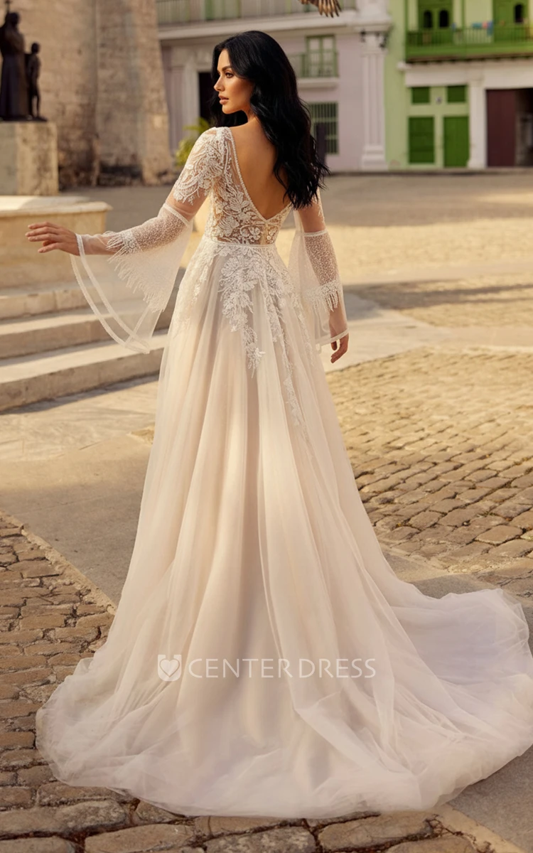 Ethereal A-Line V-Neck Wedding Dress with Lace Appliques and Bell Sleeves Backless Tulle Bridal Gown for Garden Ceremony