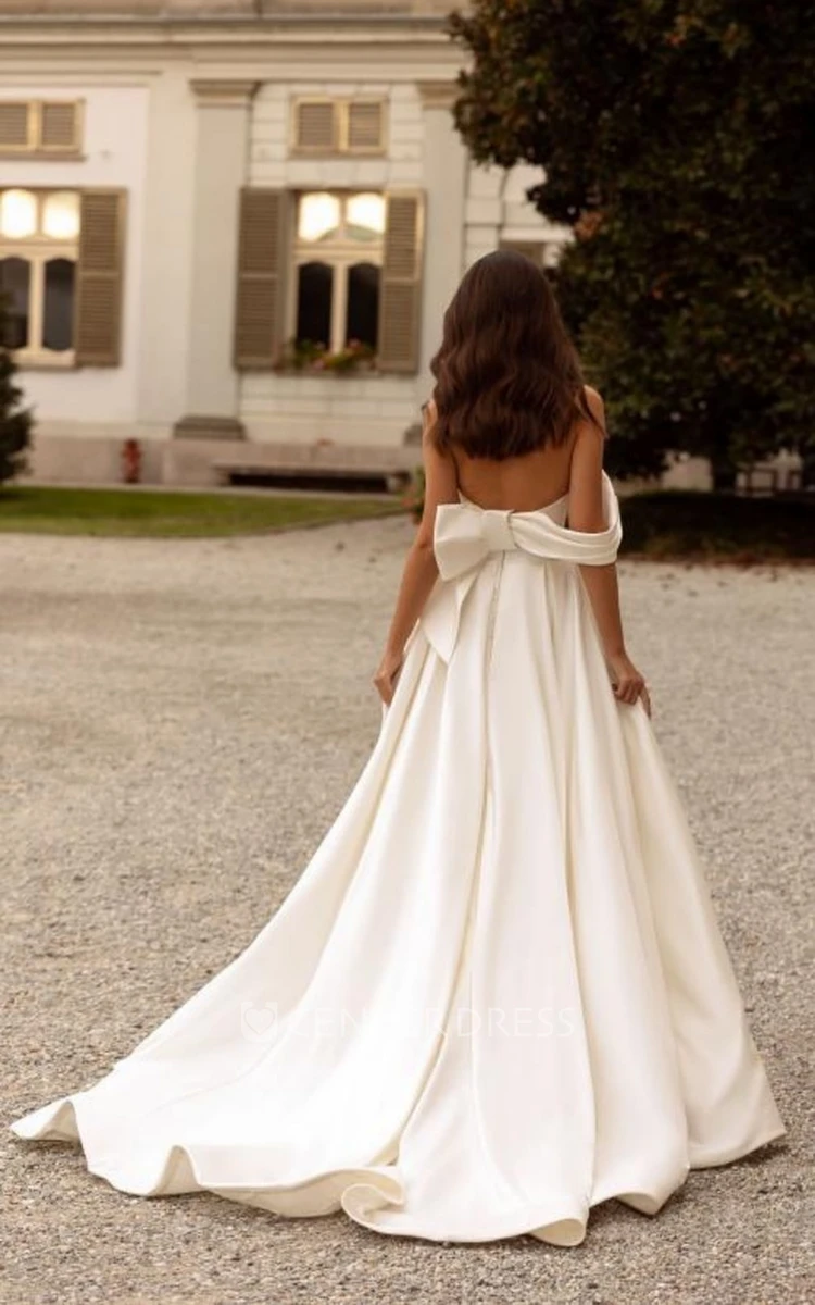 Casual Strapless A-Line Satin Wedding Dress Garden Court Train Sleeveless Open Back Split Front