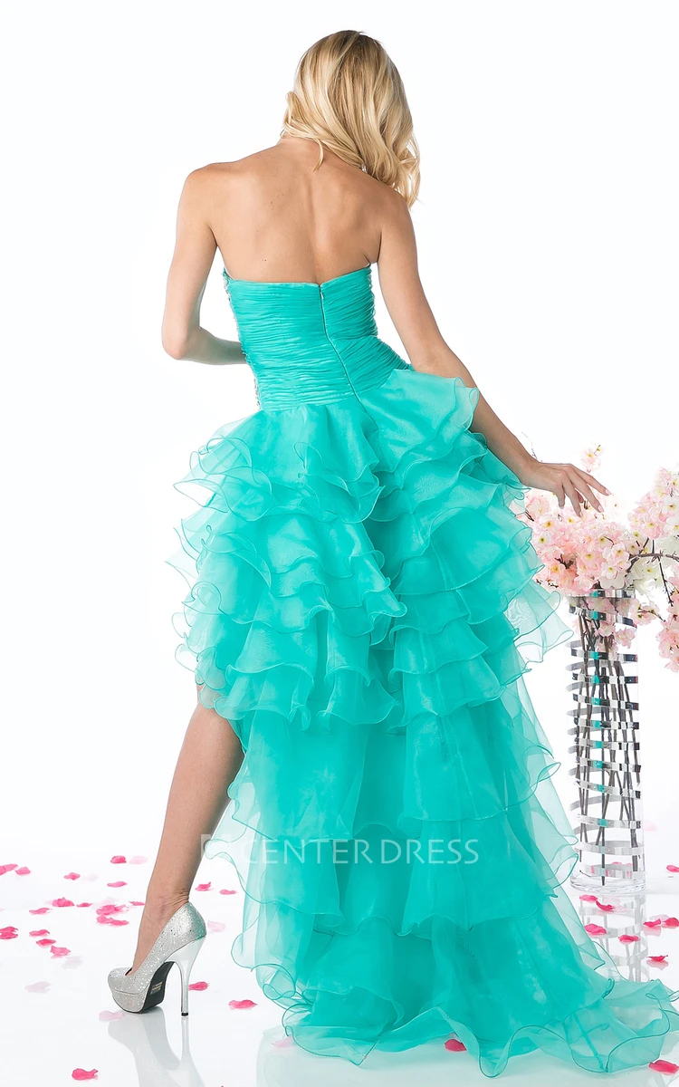 A-Line High-Low Strapless Sleeveless Organza Backless Dress With Beading And Tiers