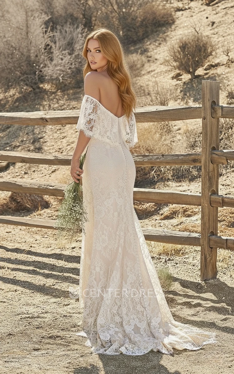 Boho Sheath Off-the-shoulder Lace Spring Wedding Dress Open Back Draping Short Sleeve Bridal Gown with Train