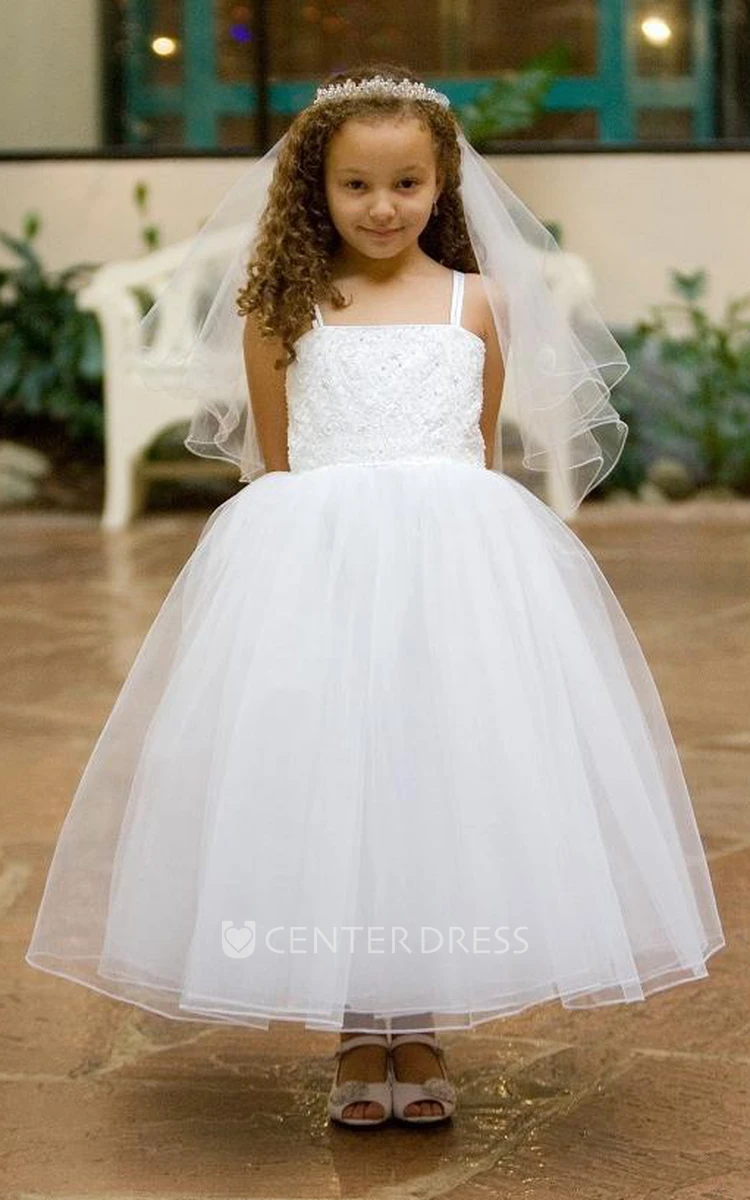 Ankle-Length Spaghetti Criss-Cross Tiered Tulle&Lace Flower Girl Dress With Straps